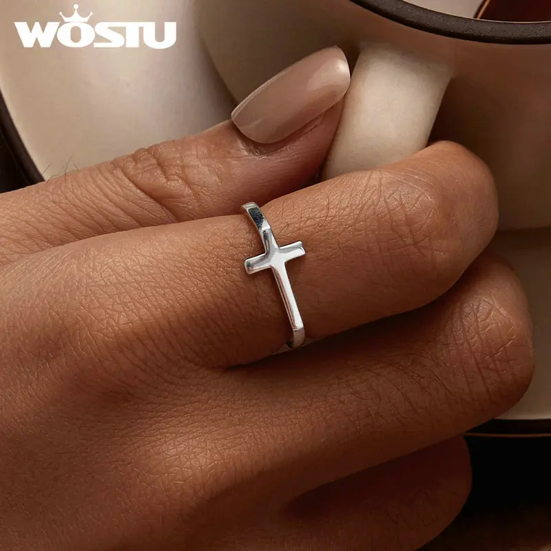 WOSTU Real Sterling Sier Simple Cross Finger Ring for Women Daily Wear Guard Female Jewelry Gift For Daugther Family