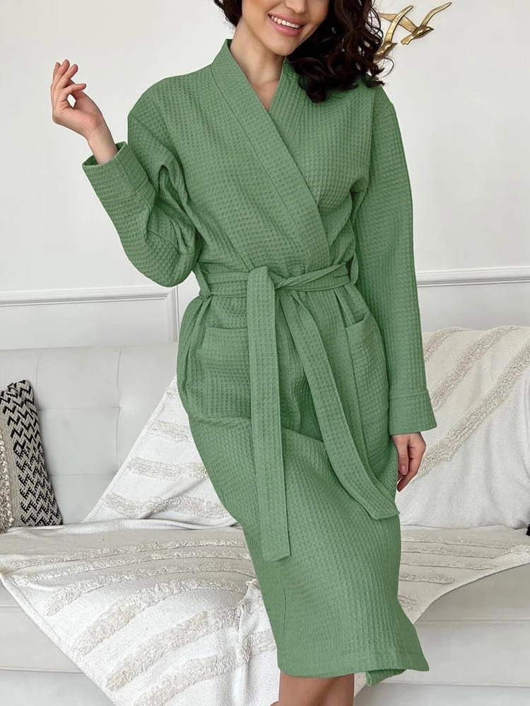 Linad Loose Robes For Women Long Sleeve V Neck Sleepwear Sashes Casual Bathrobe Female Autumn Nightwear Solid Pamas