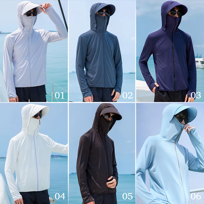 Summer Sunscreen Hoodie Tops Tees Outdoor Face-covering Fishing Hooded Thin Ice Silk Breathable UPF 50+ Men's UV Sun Protection