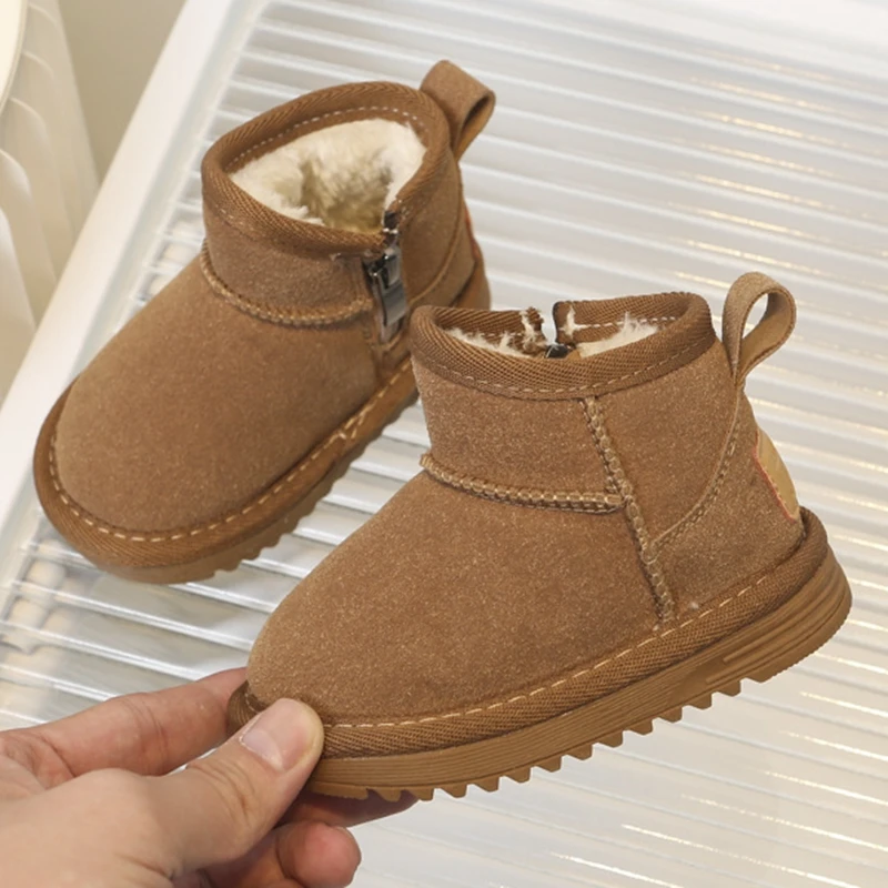 2023 New Genuine Leather Snow Boots For Kids Girls Boys Solid Suede Winter Zip Ankle Boots For 0-6years Children Woman Shoes