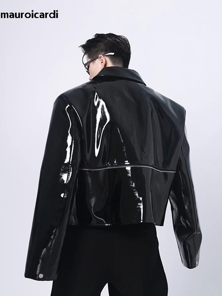 Mauroicardi Spring Autumn Cool Loose Short 2025 Black Shiny Reflective new Patent Faux Leather Jacket Men Zipper Designer Clothes