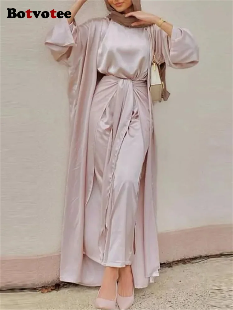 Botvotee Solid 3 Piece Abaya Set for Women 2023 Casual Hijabs Kaftan Open Abaya Vintage Turkish Dubai Long Sleeve Muslim Sets