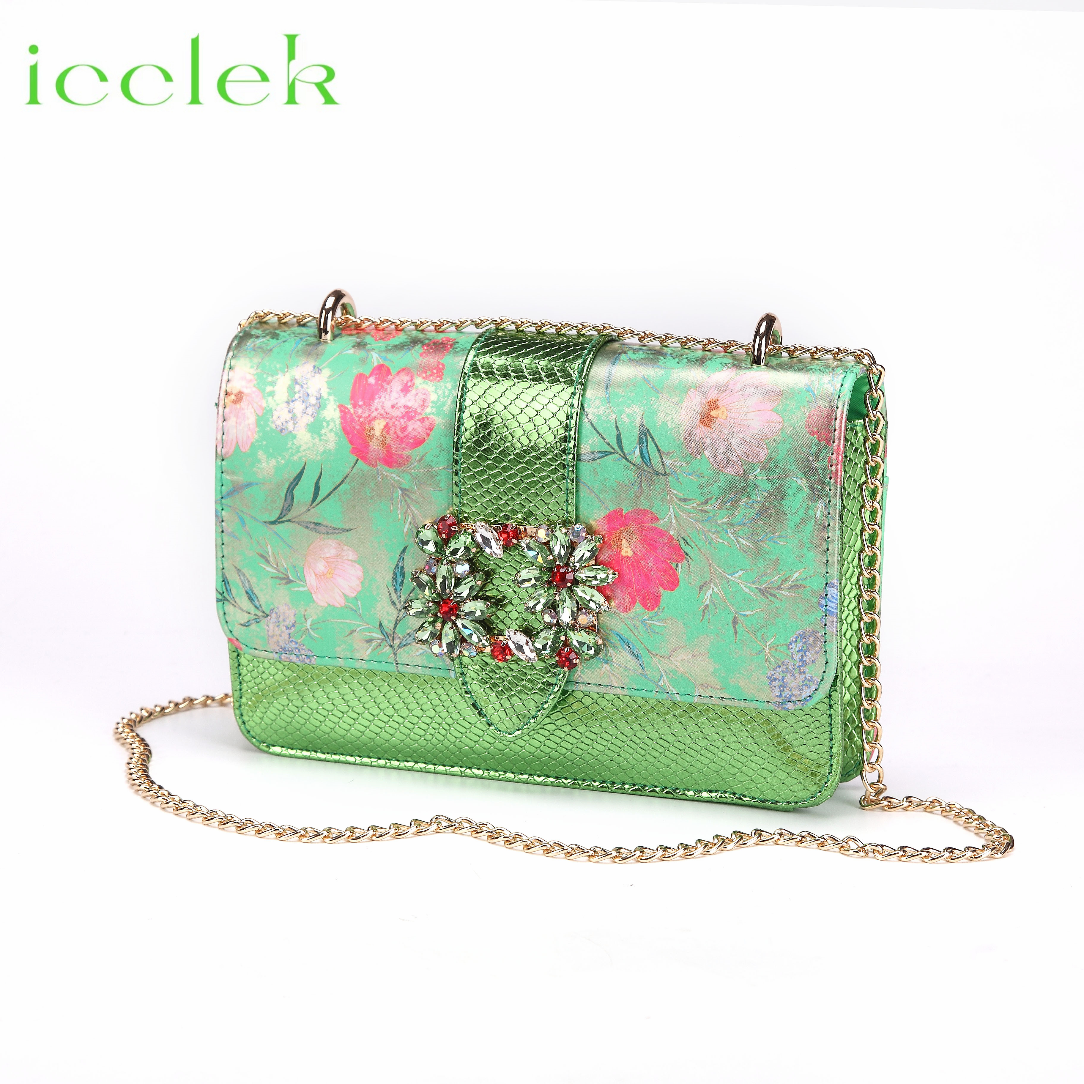 New Green Color Mature Design Pointed Toe Ladies Sandal Printing wer Material Shoes and Bag Set For Women Wedding Party