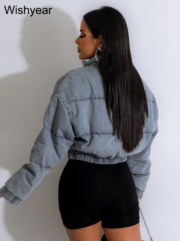 Autumn Winter Stand Collae Long Sleeve Streetwear Jean Coat Club Outfits for Women Vintage Birthday Pockets Denim Parkas Jackets