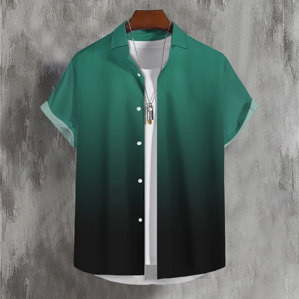 2023 Men's Gradient Lapel new Shirt Solid Color Simple Color 3D Print Basic 2025 Casual Top Short Sleeve Summer