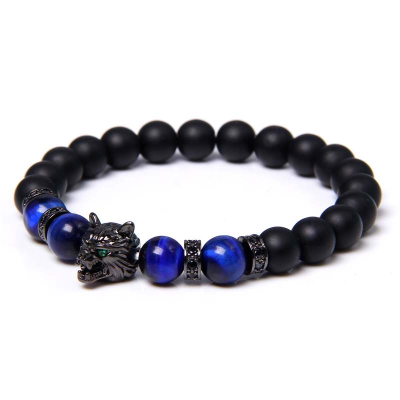 New Handmade 8mm Beaded Bracelet Men Natural Stone Blue Tiger Eye Beads Bracelet Black Wolf Head Charm Energy Bracelet Jewelry