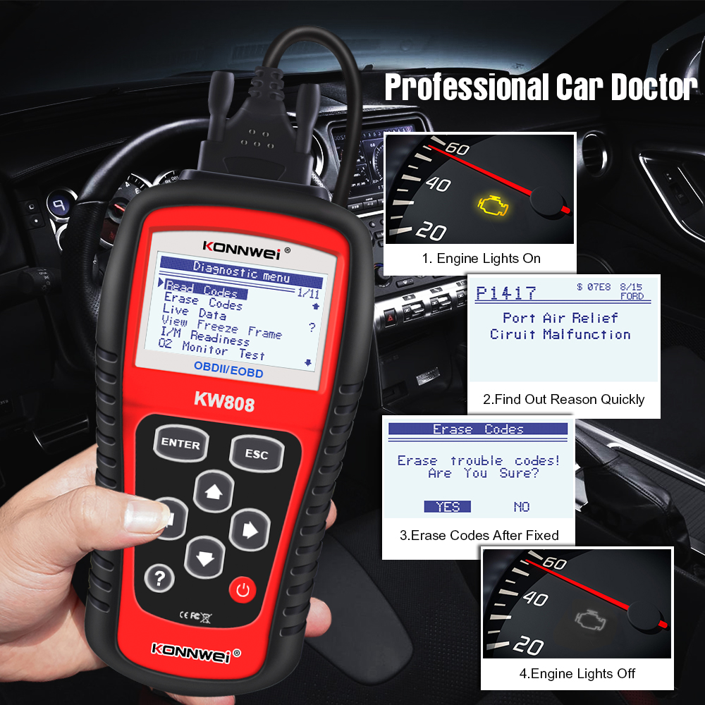 KONNWEI KW808 Universal OBD2 Scanner EOBD OBD Professional Car Auto Diagnostic Tool Read Clear Fault Codes Supports CAN J1850 f074d