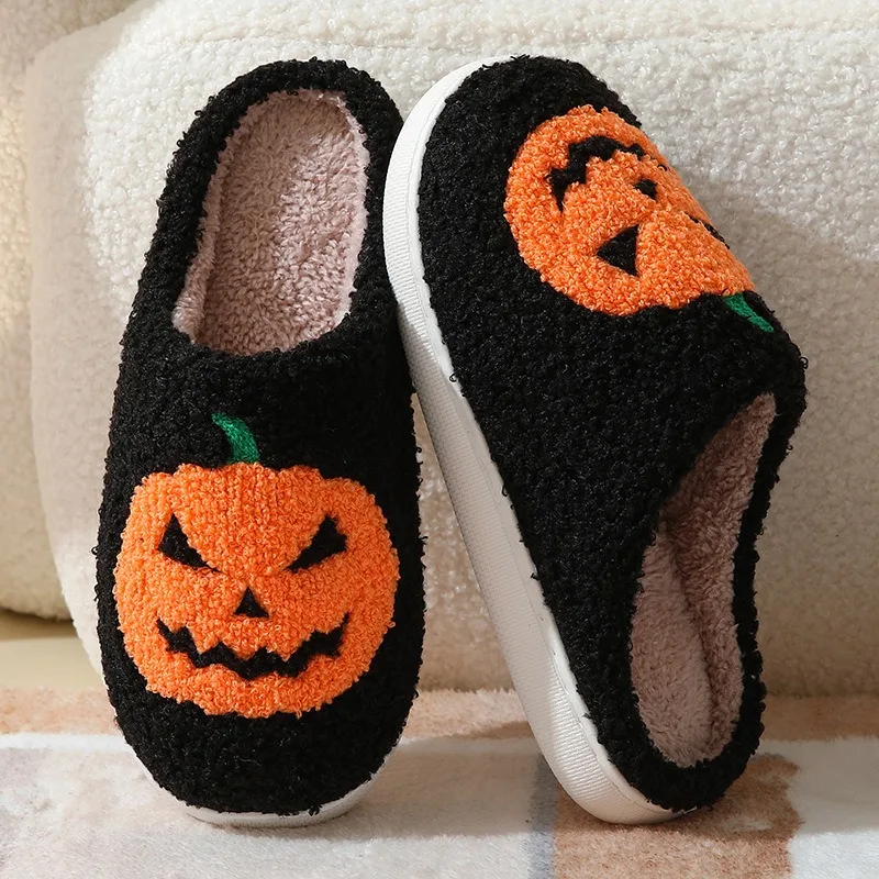 Halloween SpiderWeb Plush Slippers Black Pumpkin Winter Home Shoes Indoor House Flats Warm Fluffy Slippers Women Men Soft Slides