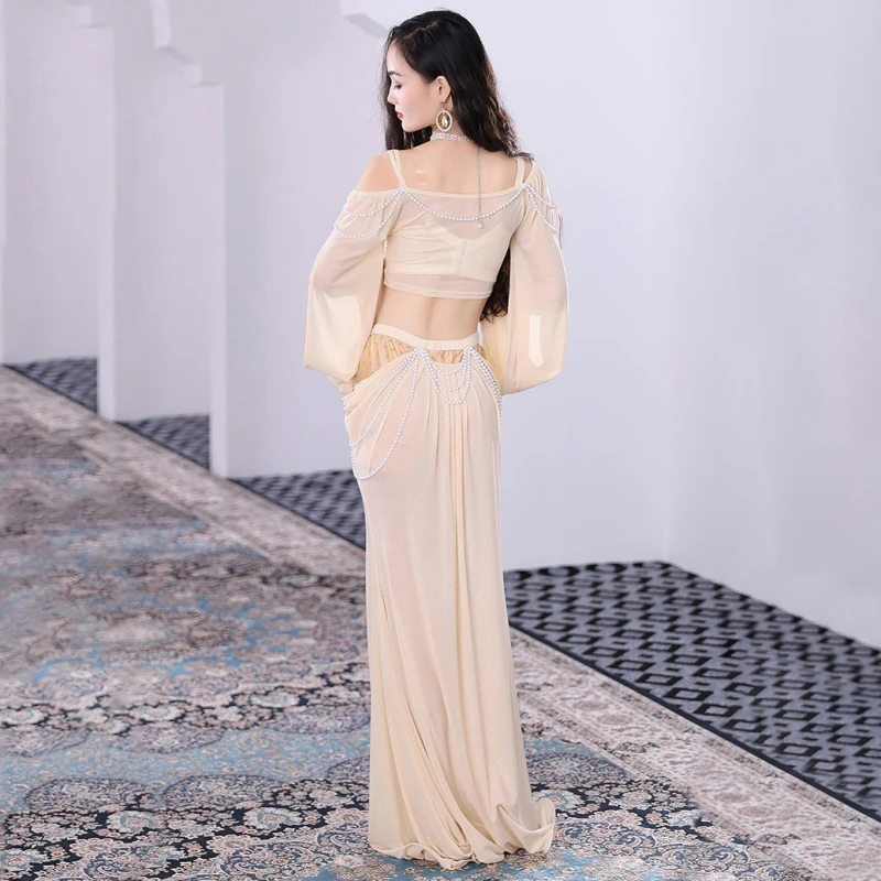 Sexy Two Piece Belly Dance Costume Set For Women Elegant Cut-out Long Sleeve Hollow Camisole With High-Rise Slim Long Skirts