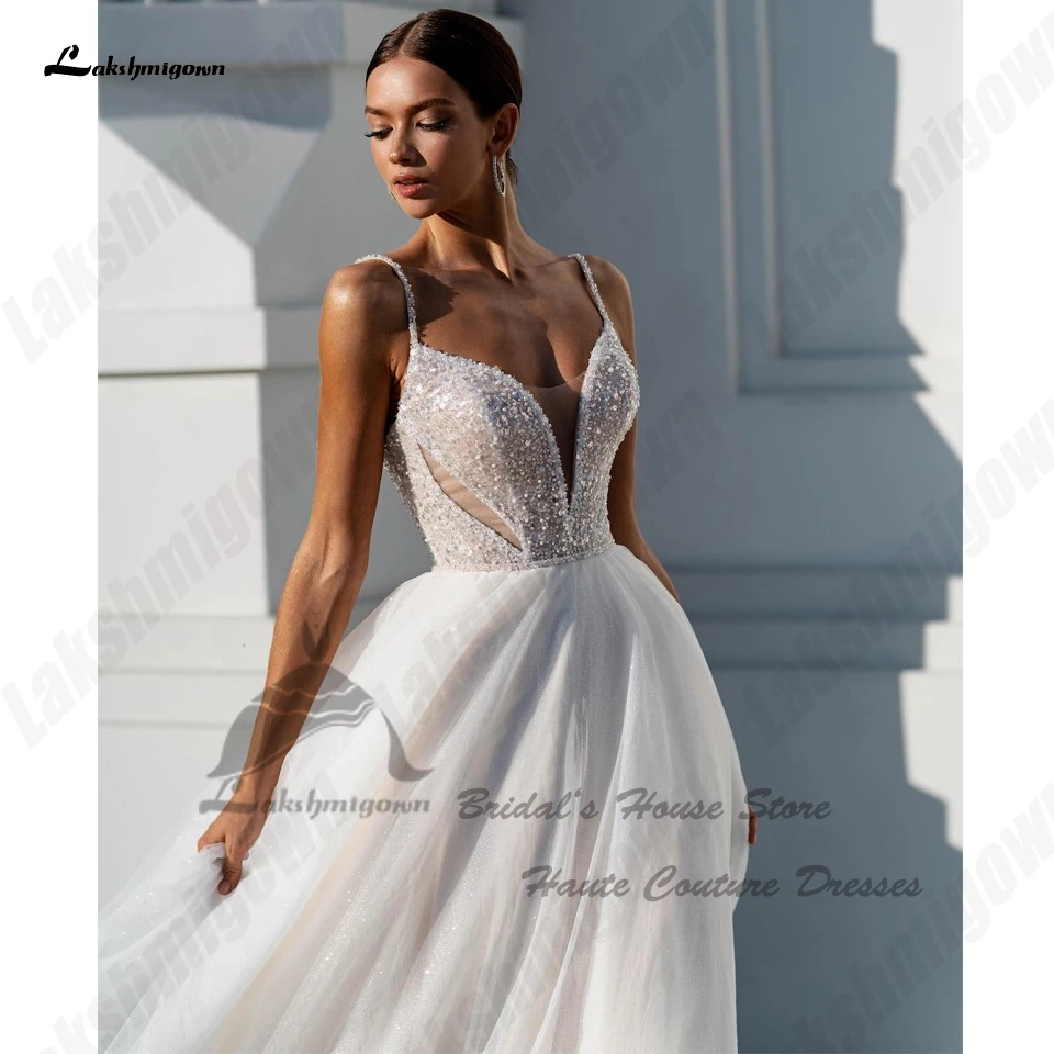 Lakshmigown Champagne Beading Beach Wedding new Dresses 2024 New Mariage V Neck Sexy A Line Bridal Gowns 2025 Spaghetti Straps
