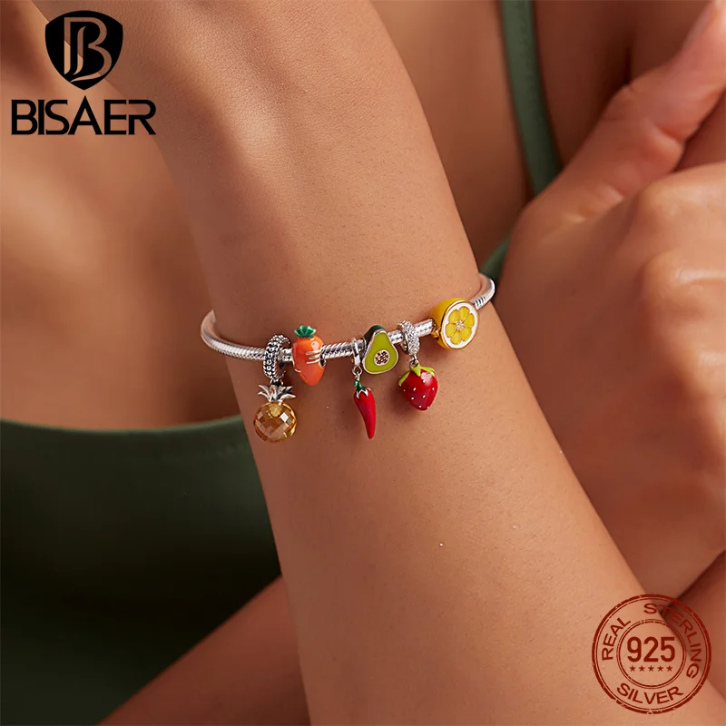 2025 BISAER Sterling Sier Red Wine Glass Rose new Charm Bead Cherry Fruit Pendant Fit Girl Bracelet&Necklace DIY Fine Jewelry Gift