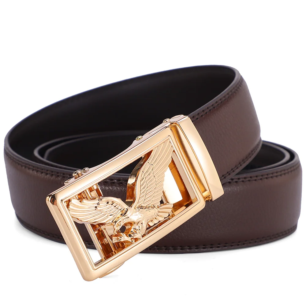 Genuine Leather Men's Belt Golden Gray Automatic Eagle Buckle Belts for Man High Quality Designer Waist Strap 3.5 CM Big Size