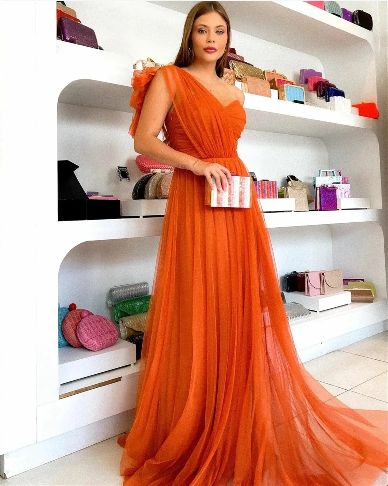 Aso Ebi Orange Tulle Prom Dresses One Shoulder Charming Women Plus Size Second Reception Party Gowns Sweep Train Elegant Long A E Formal Evening Dress