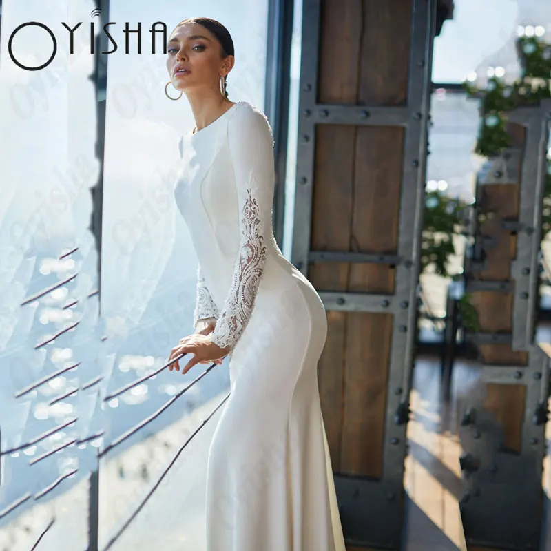 OYISHA Scoop Long Sleeves 2025 new Wedding Dresses Elegant Satin Mermaid Lace Bridal Gowns For Woman Appliques Simple Vestido De Mariages