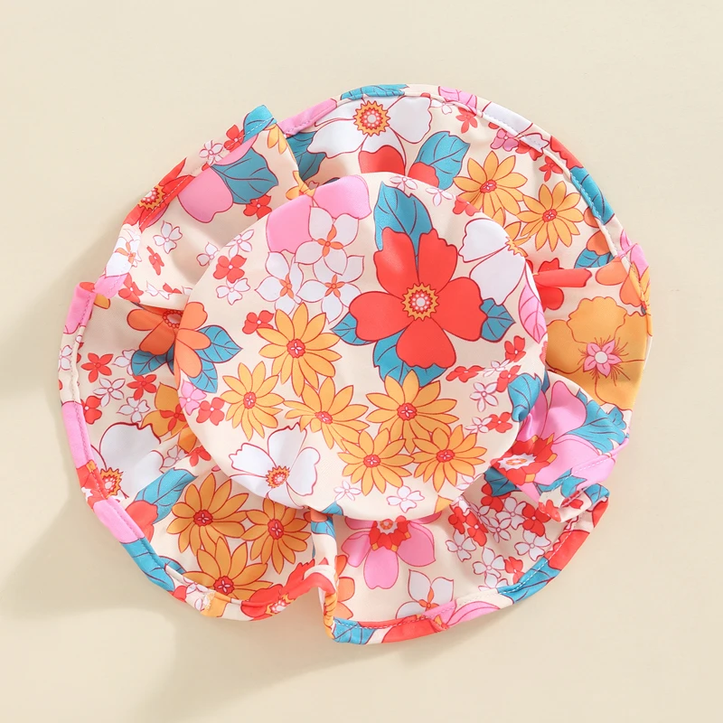EWODOS 0-3 Years Toddler Baby Girls Summer Swimsuit Kids Swimwear Casual Long Sleeve Floral Print Beachwear Bathing Suit + Hat