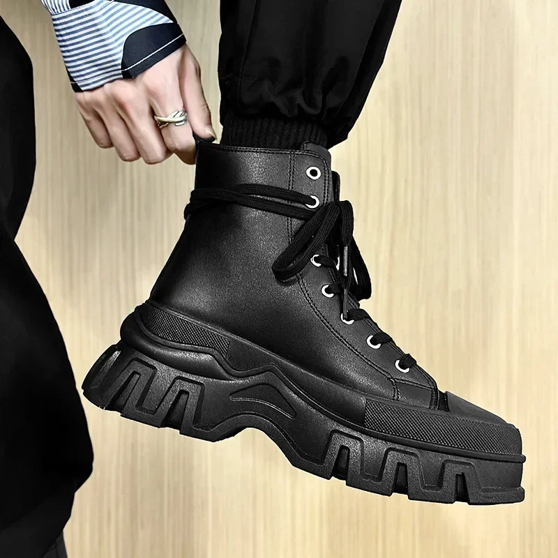 Fashionable British Style Motorcycle Boots High Top Lace Up new Leather Boots 2024 Autumn/winter New Unisex 2025 Boots Men Ankle Botas