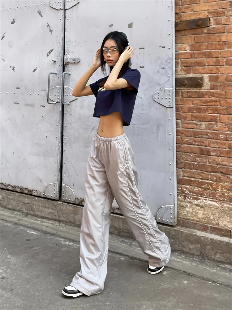 QWEEK Y2K Vintage Navy Blue Track Pants Women Gorpcore Streetwear Gray Sports Trousers Oversize Korean Black Wide Leg Sweatpants