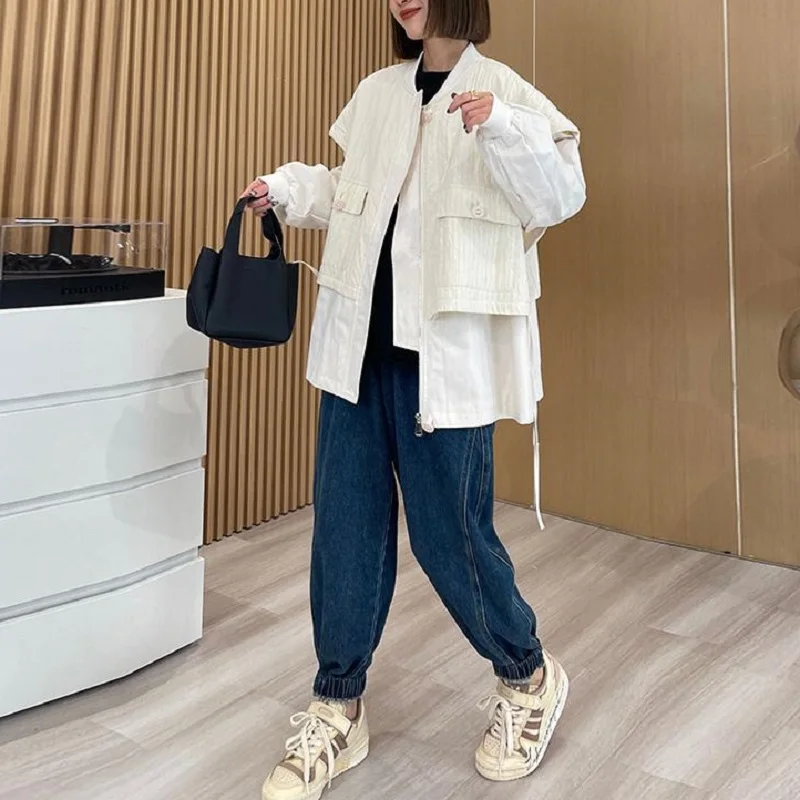 Loose Drawstring Fake Two-piece Coat Women's Spring And Autumn 2023 New Splicing new Long-sleeved 2025 Zippered Trench Coat