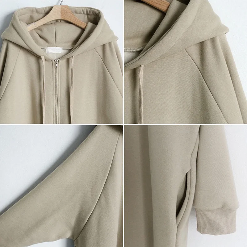 2023 Autumn Woman Long Coat Lady Loose Casual Grey Black Almond Blue Women's Hoodies Coat New Hoody Zip Up Pockets Long Sleeves
