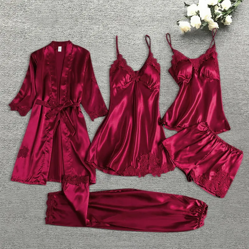 Pajama Set Women Lace Trim Satin Sleepwear Pyjamas Femme Summer Nightwear With Pants Casual Home Wear Kimono Robe Gown PJS
