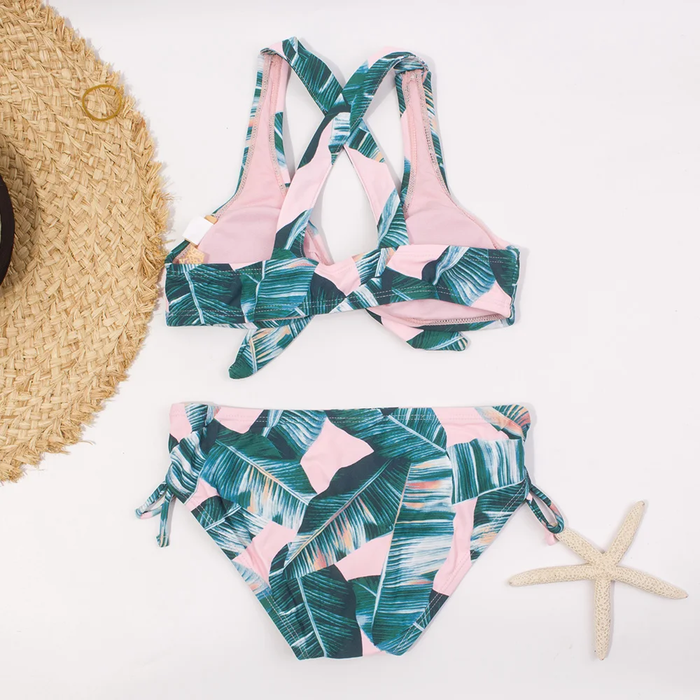 Leaf Print Bandage Girls Kids Swimwear Swimsuit 7-14 Years Falbala Children Bikini Set Summer Beach Baby Biquini Infantil