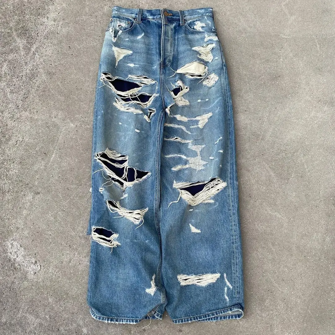 Y2K Ripped Jeans Men's American Style High Street Washed new Jeans Women's Hip-hop 2025 Loose Wide-leg Pants Straight Ins Trousers 2023