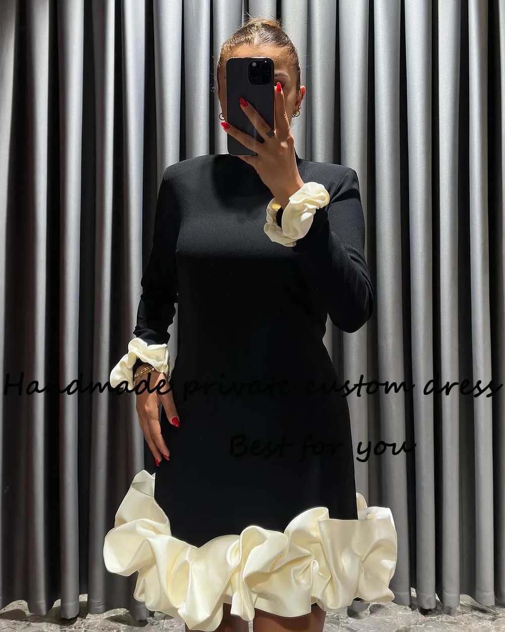 Black White Satin Mermaid Evening Dresses Long Sleeve High Neck Arabic Dubai Formal Gowns Above Knee Prom Party Gown