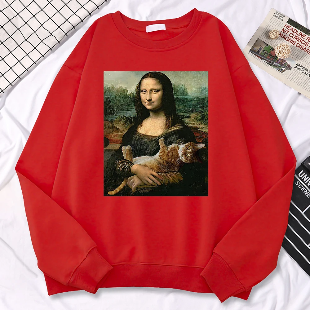 Trend Simple Woman Sweatshirt Famous Painting Mona Lisa Hold Cat Creativity Print Hoodies Fleece Soft Pullovers Loose Warm Tops