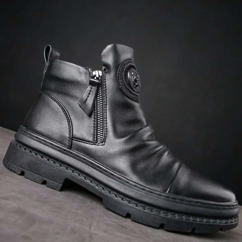 Men's Motorcycle Leather Boots British Style Round Head High Top Shoes Side Zip Walking Casual Platform Boots Bota Masculina