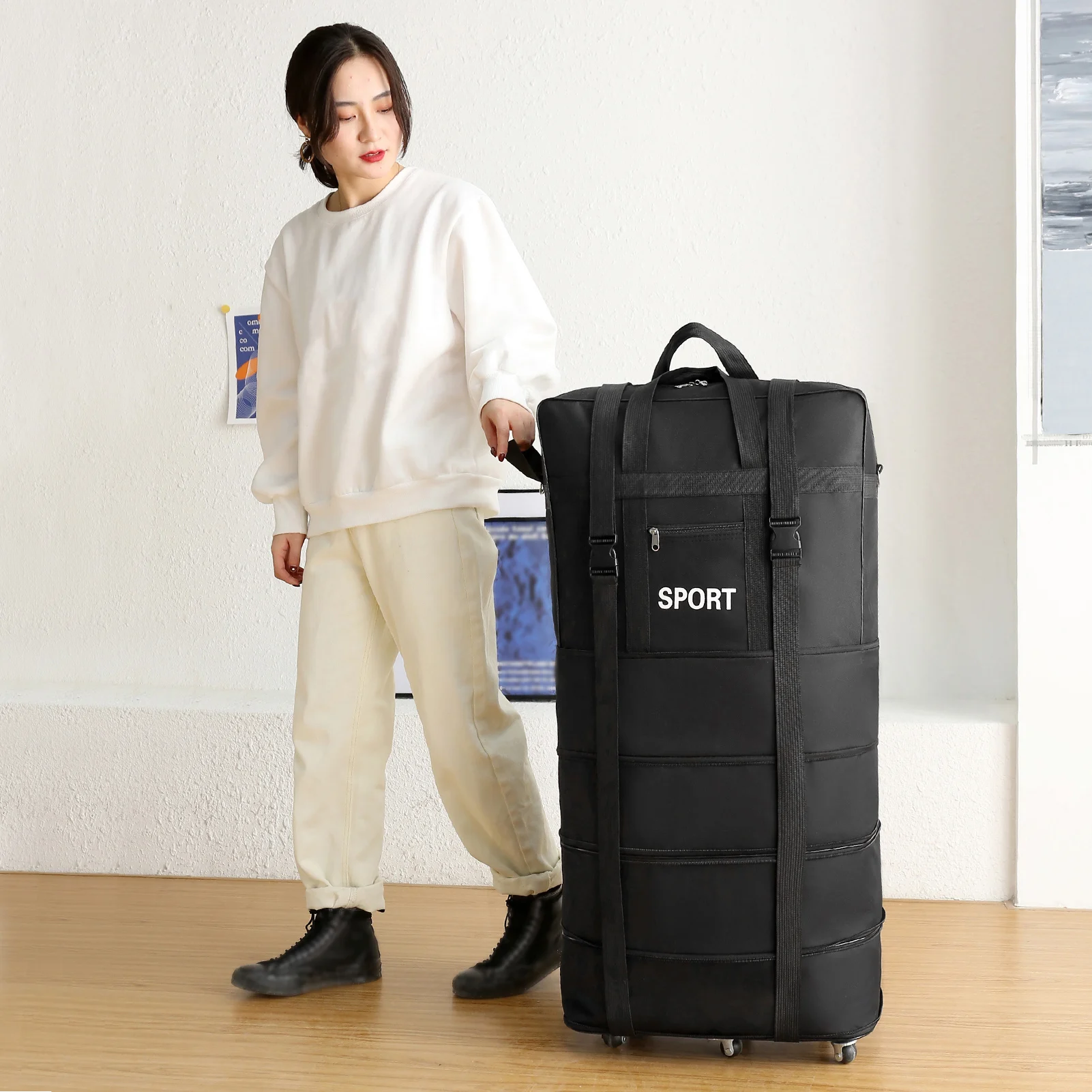 45inch Black Rolling Luggage With Wheels Unisex Expandable Folding Oxford Trolley Suitcase Travel Bag For Women Men Weekend Trip