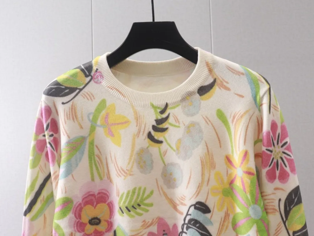 Women Sweaters new Brand High Quality Flowers Print Wool Knit Tops Long 2025 Sleeve Jumper Jersey Blouses New Korean Style Cute