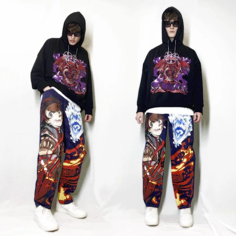 Y2K baggy jeans women Anime print pattern Harajuku blue jeans for Men's and women's styles Fashionable streetwear wide leg jeans