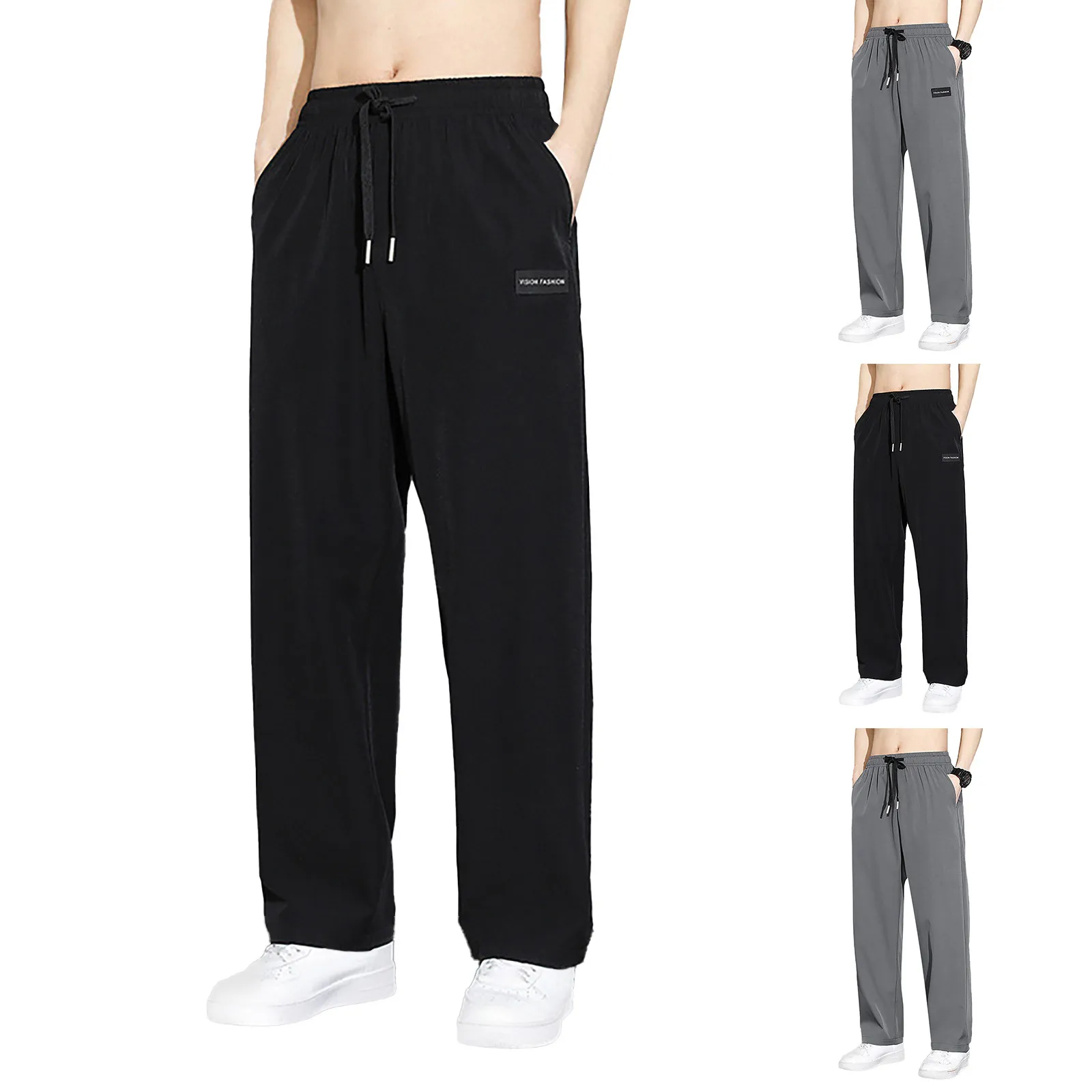 Casual Pant Men Solid Baggy Wide Leg Pants Ankle Length Elastic Waist Loose Straight Trousers Men Tracksuit Bottoms Large Szie