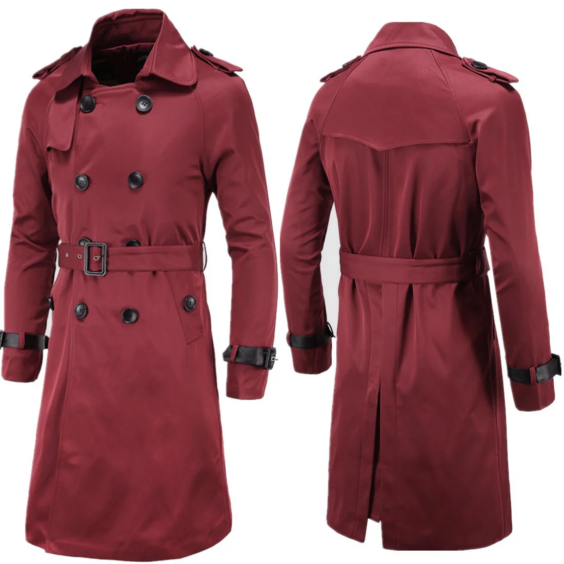 Mens Spring Autumn Windbreak Overcoat Long Trench Coats with Belt Male Pea Coat Double Breasted Peacoat W03
