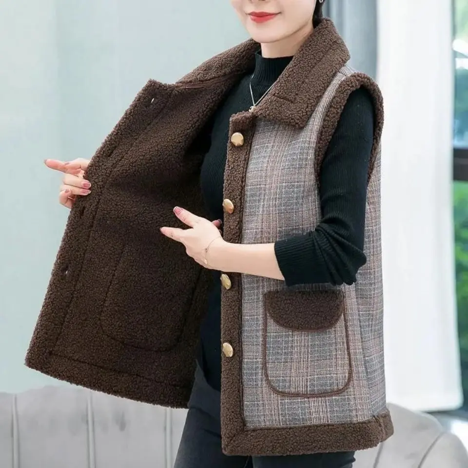 New Large Size Women s Bust Faux Lamb Hair Waistcoat Vest Autumn V neck Single breasted Solid for Mother