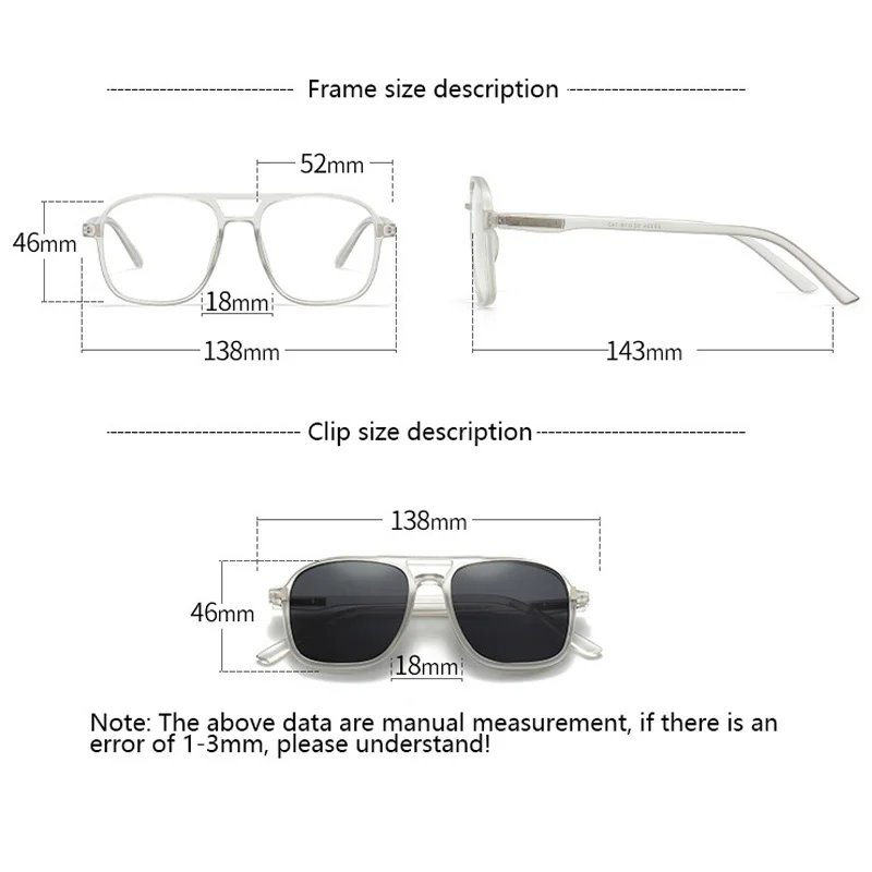 Transparent Frame Men Sunglasses Magnetic Clip 6 In 1 Magnetic Clip Glasses Square Women Polarized Eyeglass