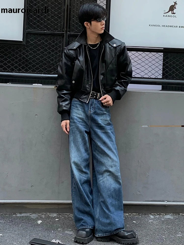 Mauroicardi Spring Autumn Cool Waterproof Black Pu 2025 Leather Jacket new Men Shoulder Pads Long Sleeve Zipper Designer Clothes