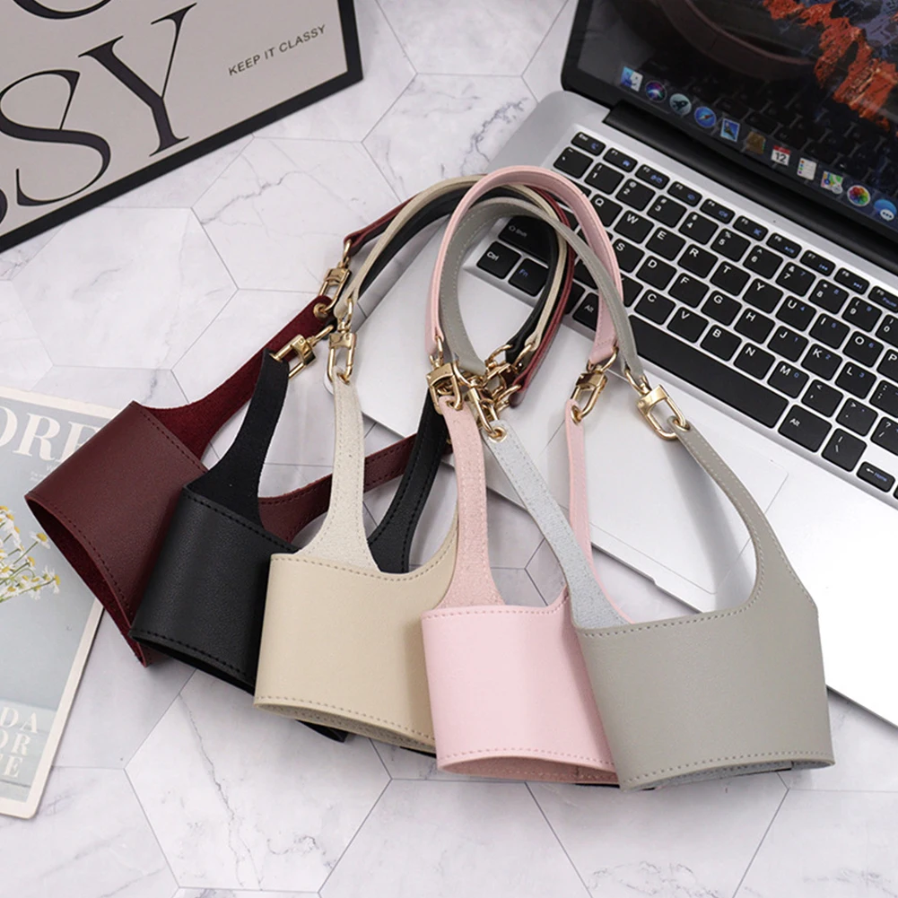 PU Leather Shoulder Crossbody Water Bottle Holder Mug Bag Adjustable Portable Coffee Cup Holder Chain Bottle Cover For Travel