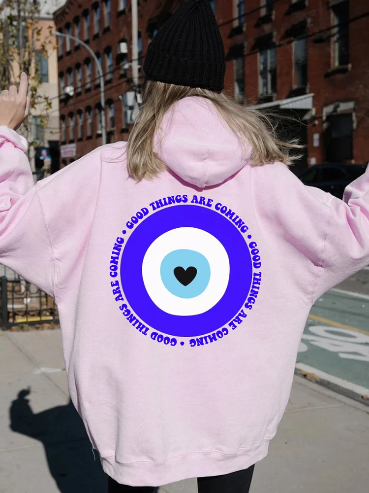 Good Things Are Coming Evil Eye Printing Women Hoodie Casual Comfortable Pullover Pocket Hip Hop Sweatshirt Street Style Clothes