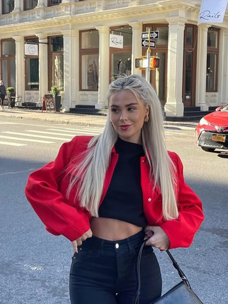 Elegant Lapel Women Pocket Red Jacket Long Sleeve Single-breasted Short Coat 2023 Autumn Winter Office Lady Commuter Tops smile