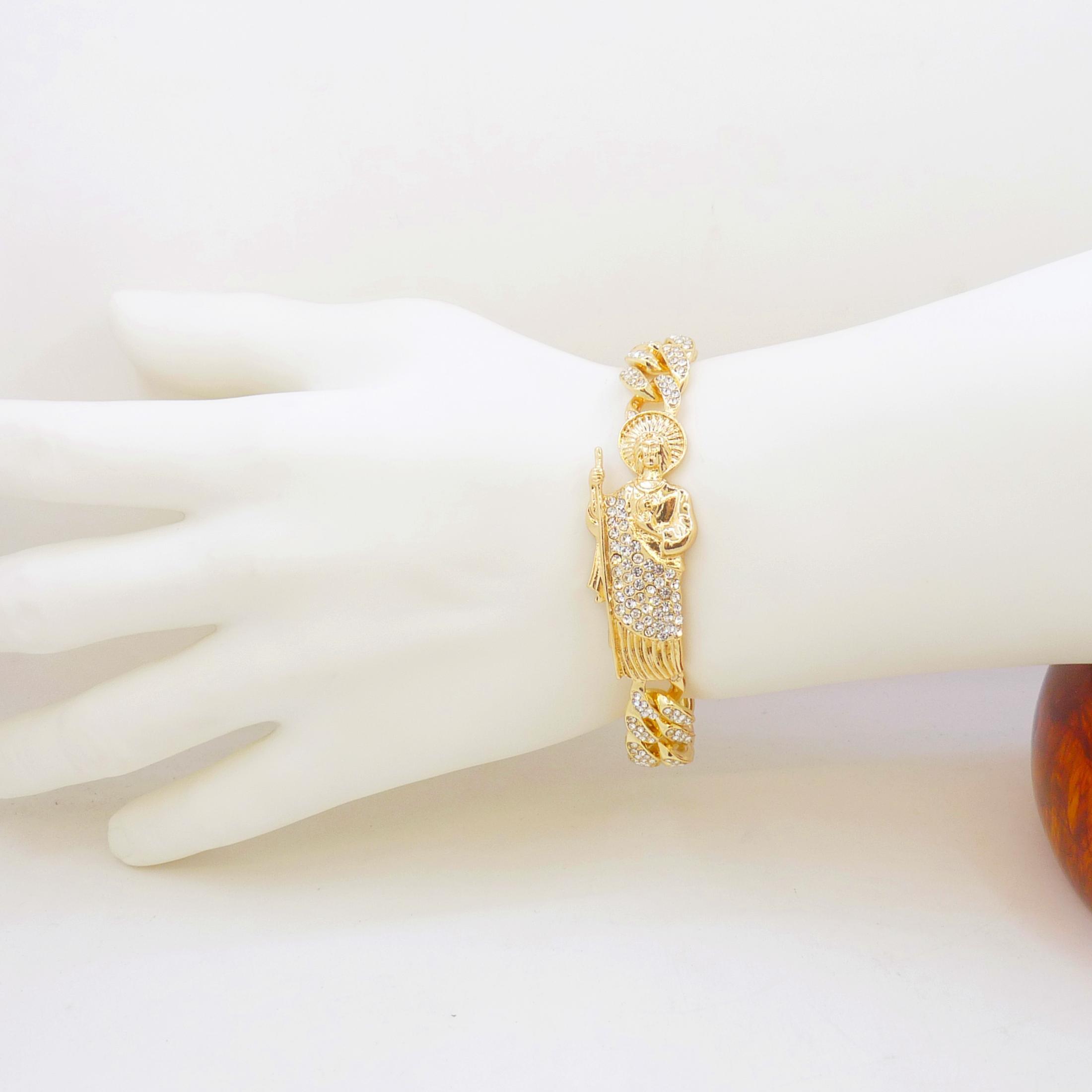 Gorgeous Rhinestone Gold Plated Color Cuban Chain St. Jude San Judas Bracelet