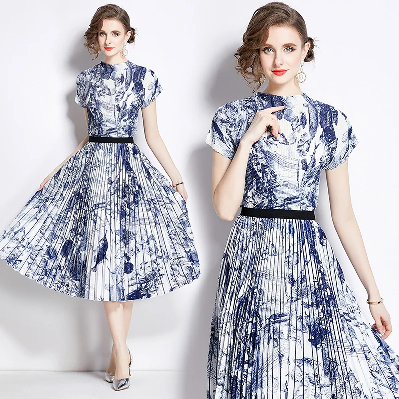 Two Piece Dress 2025 Summer Runway Women's Turtleneck Vintage Print Stretched Tops High Waist A-E Long Skirt Suit Female Outfits
