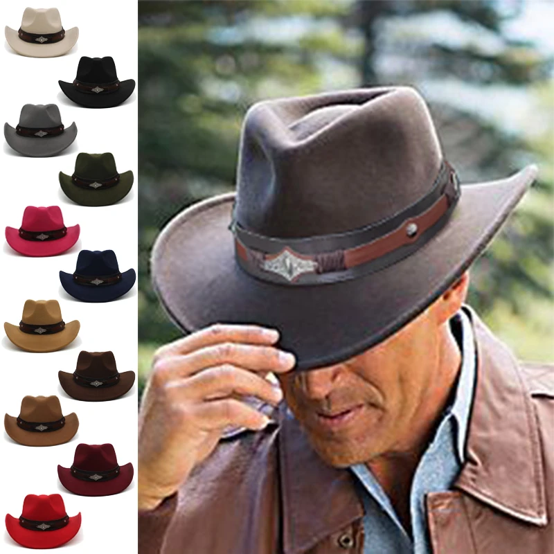 Men Women Wool Blend Western Cowboy Hats Wide Brim Sunhats Party Travel Sombrero Outdoor Caps Classical Retro Adjustable Size