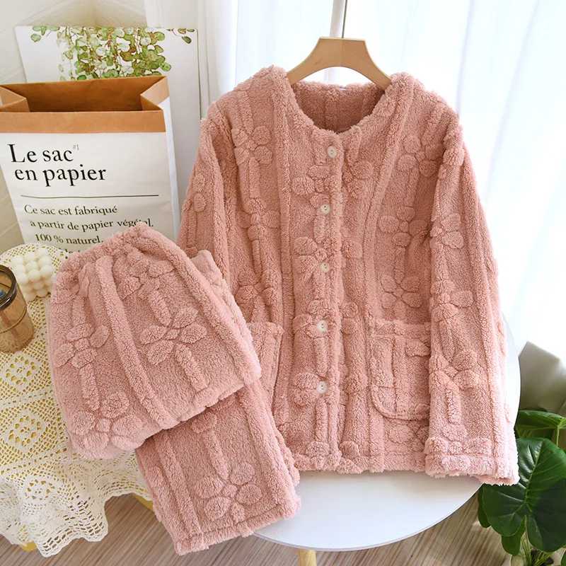 Autumn Winter Warm Pajamas For Women Sleepwear Top PJ Pants Pijama Mujer Invierno Pyjama Pour Femme Conjunto Flannel Round Neck
