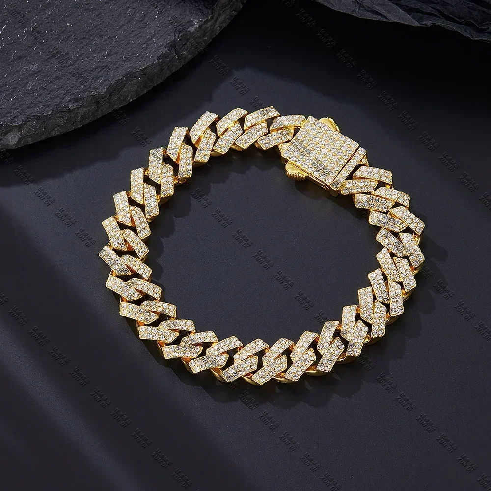 Ice Crystal Rhinestones Strip Spring Buckle Cuban Chain 15mm Hip Hop Men's and Women's Necklace Bracelet Accessory Jewelry