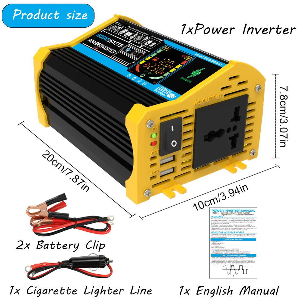 6000W Car Inverter DC 12V To AC 110V 220V Dual USB Intelligent Power Inverter LCD Display Vehicle Smart Inverter for Tablet RV