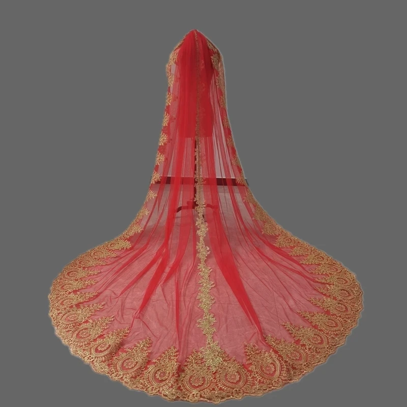 Real Gold Lace Bridal Veils Red Tulle With Comb Single Layer Cathedral Long Colored Wedding Veils for Brides Velos De Novia