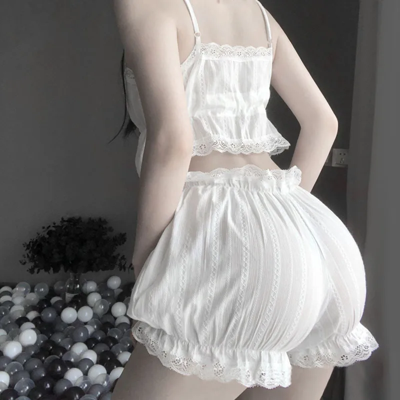 Cute Japanese Lolita Sleepwear 2025 Set White Lace Ruffles Camis Pumpkin new Shorts Homewear Underwear Kawaii Pamas Lingerie Suit