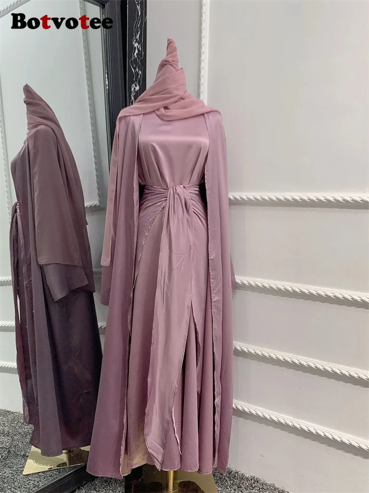 Botvotee Solid 3 Piece Abaya Set for Women 2023 Casual Hijabs Kaftan Open Abaya Vintage Turkish Dubai Long Sleeve Muslim Sets