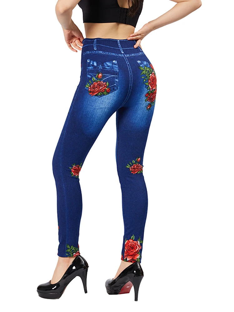 CUHAKCI Elegant Women Casual Fake Jeans Red Rose Flower Print Vintage Stretch Pencil Pants Slim Fit Thin Workout Yoga Jeggings smile